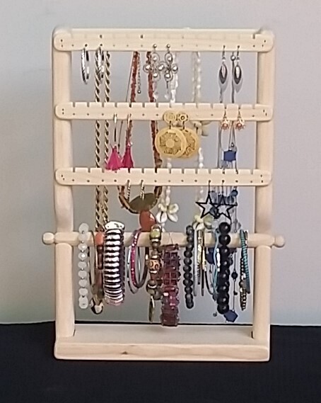 Medium standing  jewelry organizer 1 bar 3 slats 1 necklace holder combo  - Unstained/Unfinished