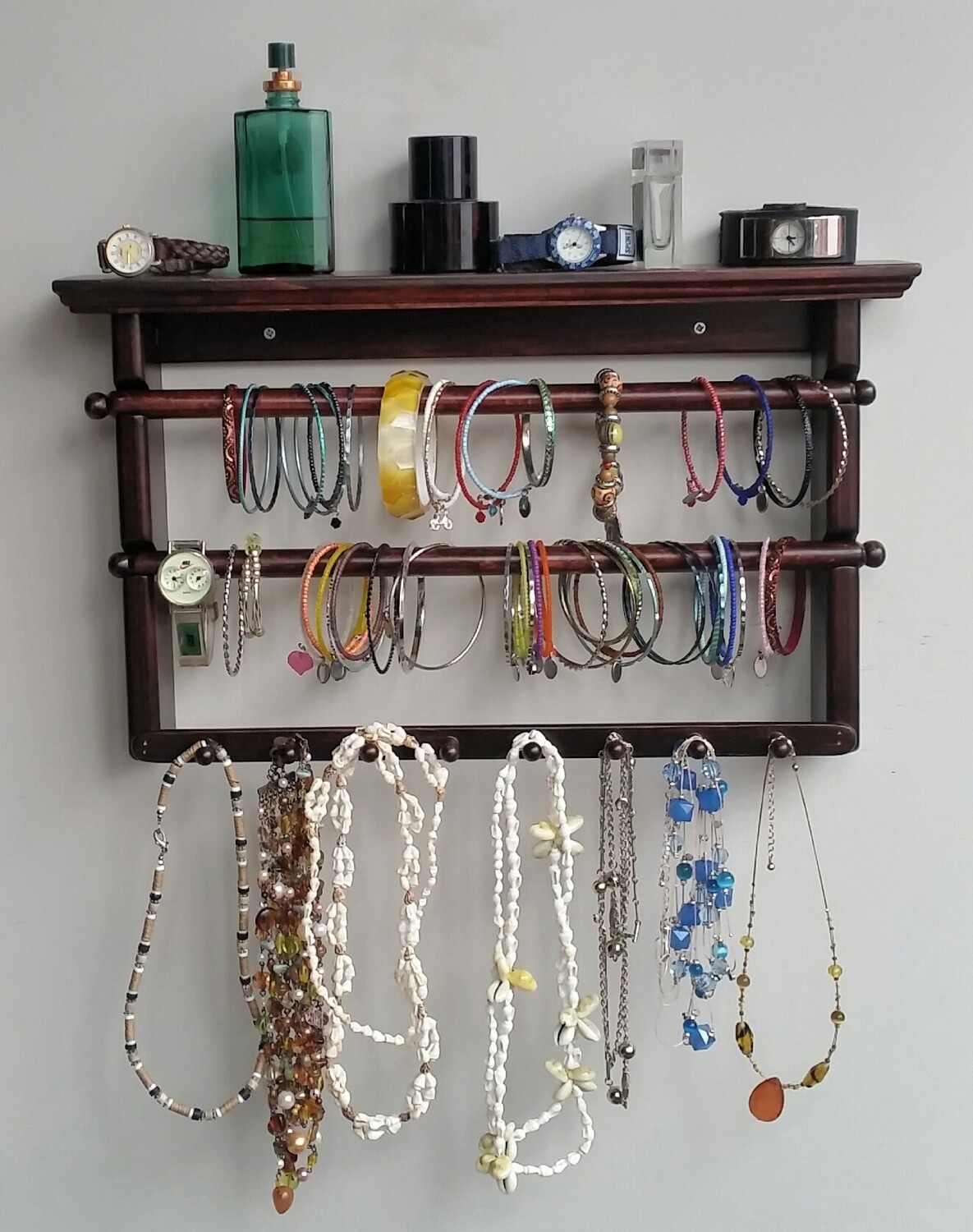 Jewelry Holder wall mount  2 bars, 8 pegs for necklace - Red Mahogany