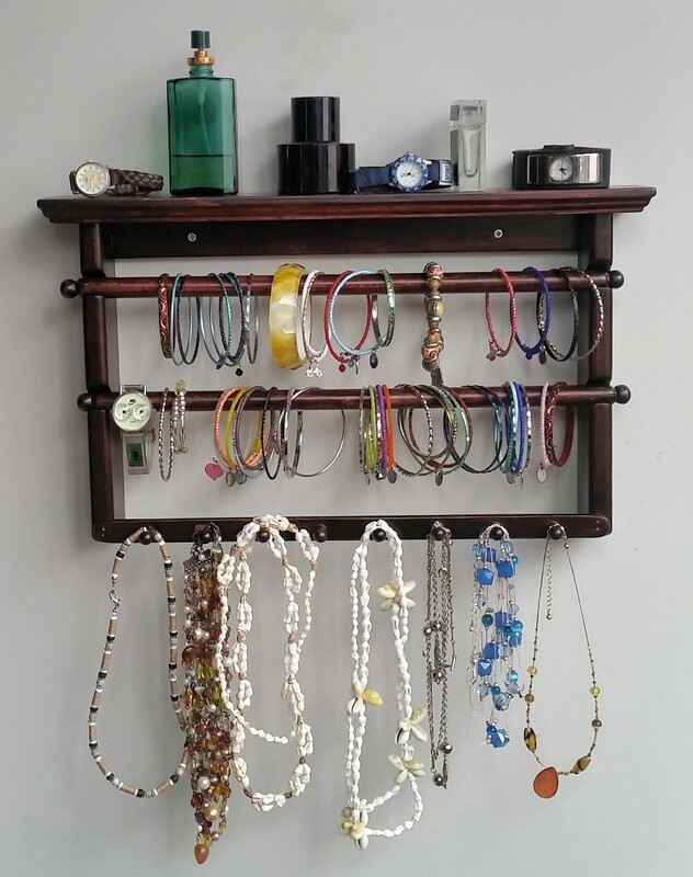 Jewelry Holder wall mount  2 bars, 8 pegs for necklace - Red Mahogany