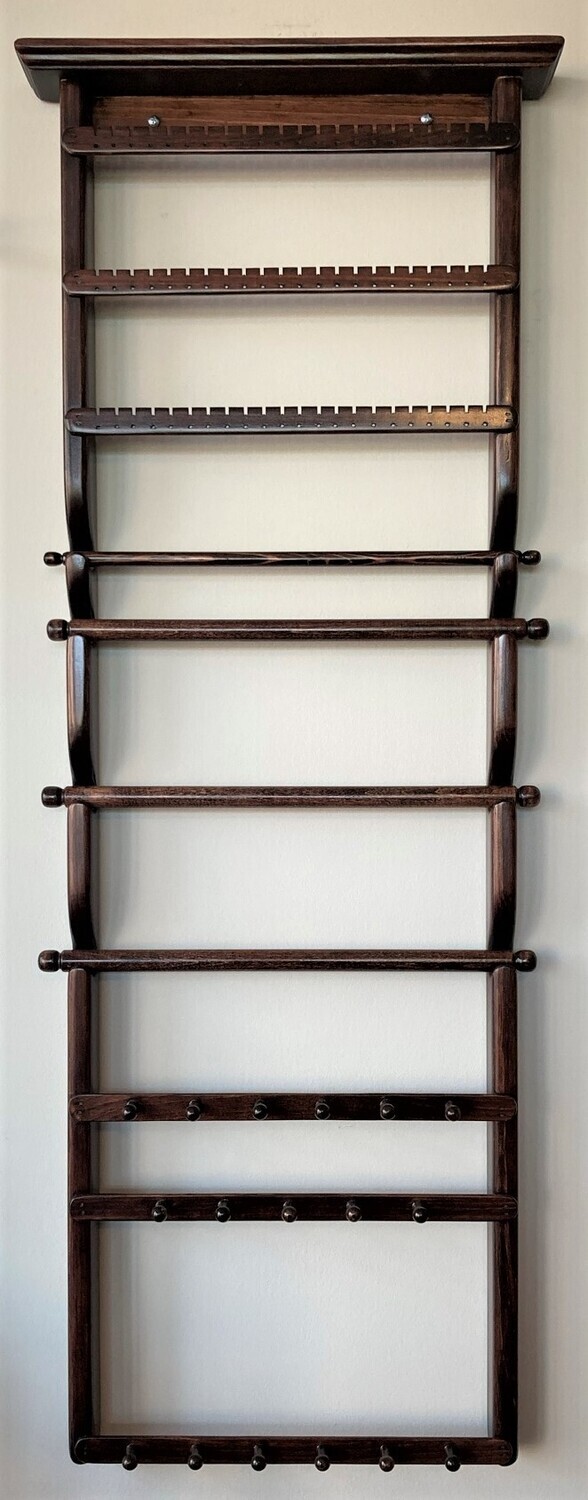 Jewelry Organizer wall mount with 3 slats, 3 bracelet bars, 1 ring bar, 2 6-peg necklace bars, 1 5-peg necklace bar - Red Mahogany