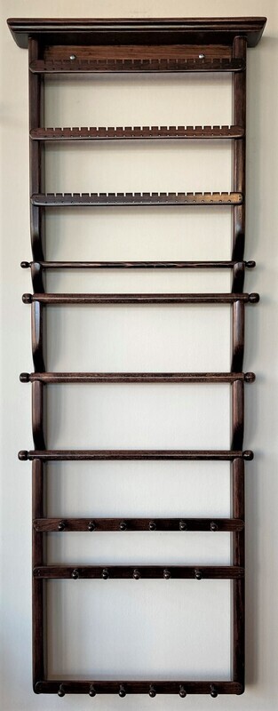 Jewelry Organizer wall mount with 3 slats, 3 bracelet bars, 1 ring bar, 2 6-peg necklace bars, 1 5-peg necklace bar - Red Mahogany