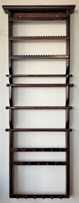 Wall mount with 3 slats, 3 bracelet bars, 1 ring bar, 2 6-peg necklace bars, 1 5-peg necklace bar - Red Mahogany