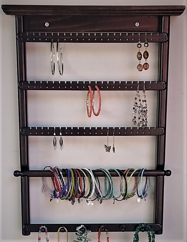 Jewelry Organizer Wall Mount  3 slats 1 bar 1 necklace - Red Mahogany