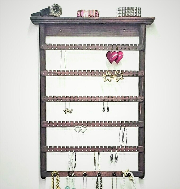 Earring Holder wall mount with five slats and one necklace holder - Red Mahogany
