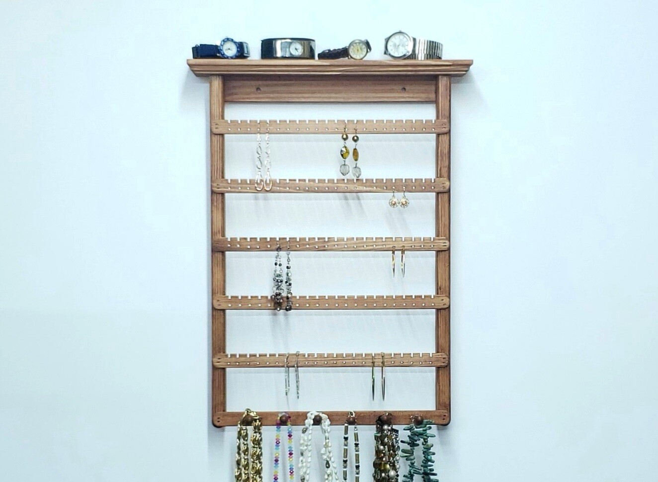 Earring Holder wall mount with five slats and one necklace holder - Cherry