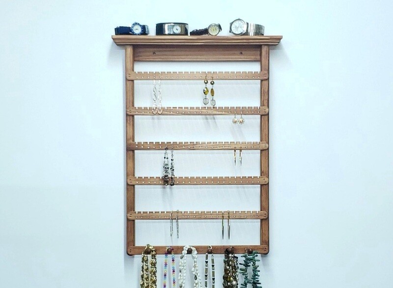 Earring Holder wall mount with five slats and one necklace holder - Cherry