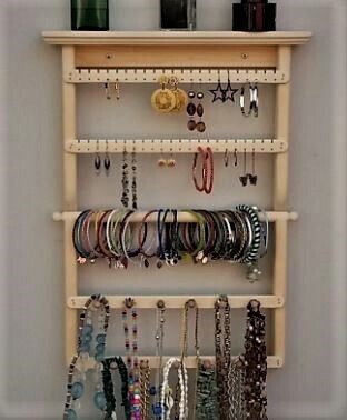 Jewelry Organizer wall with 2 slats, 1 bar, 2 necklace holders  - Unstained/Unfinished