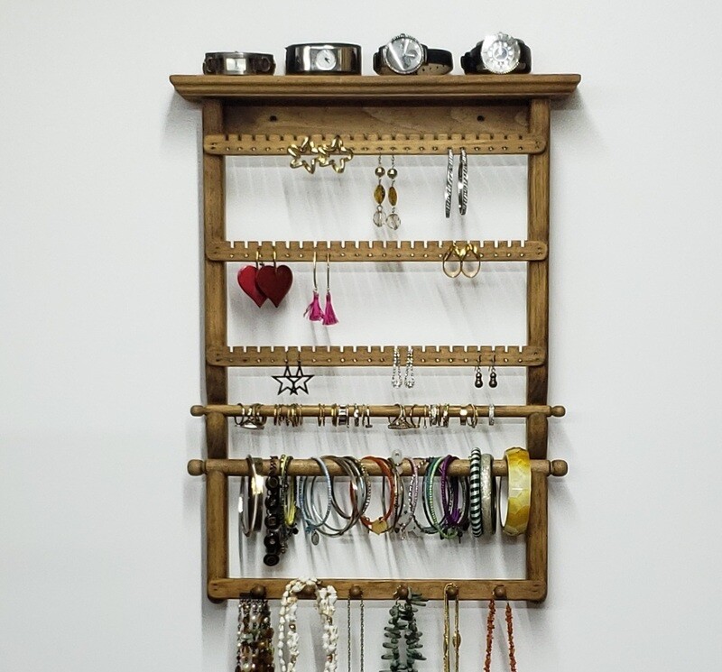 Jewelry Display wall mount with 3 slats, 1 ring bar, 1 bracelet bar, 1 necklace bar - Golden Oak