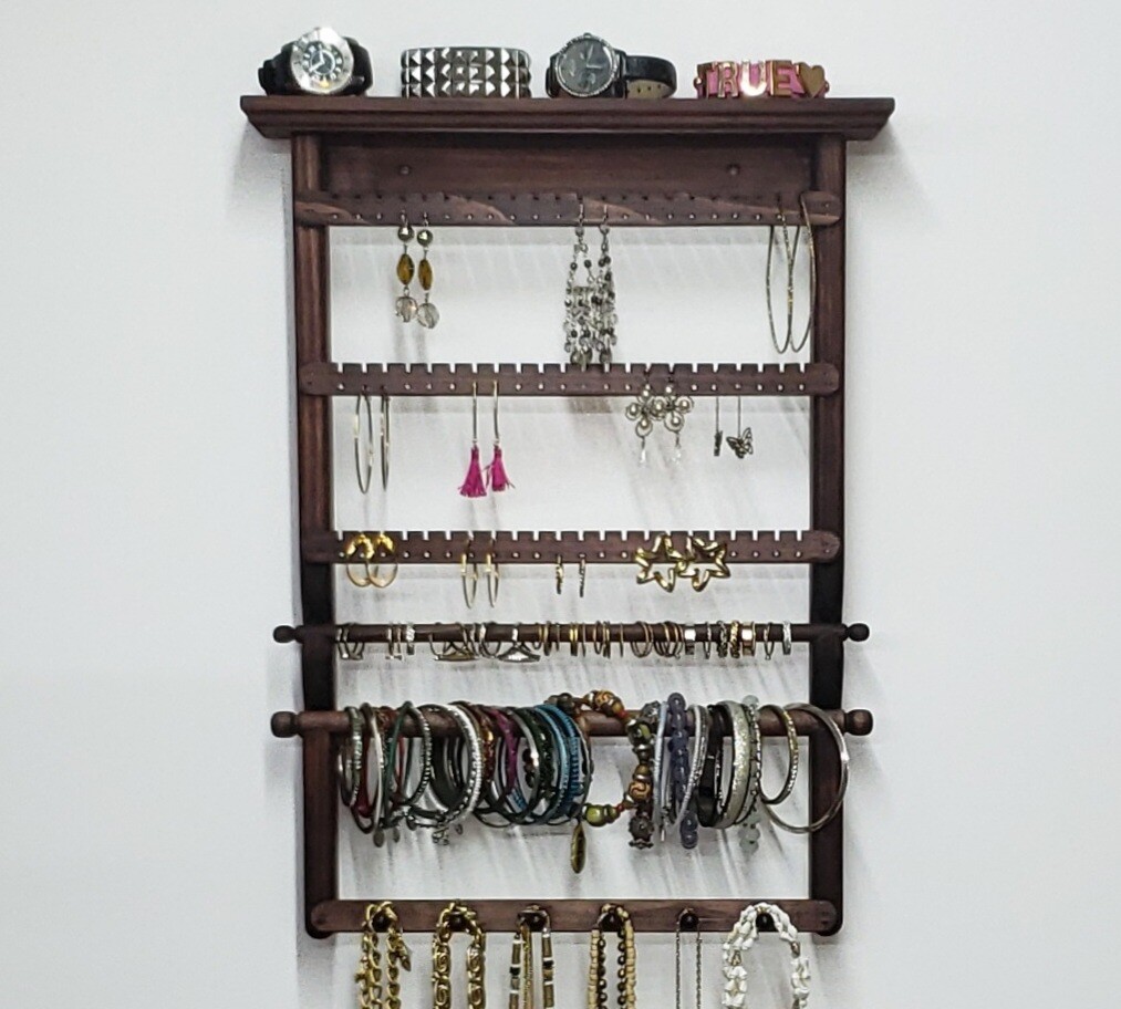 Jewelry Display wall mount with 3 slats, 1 ring bar, 1 bracelet bar, 1 necklace bar - Red Mahogany