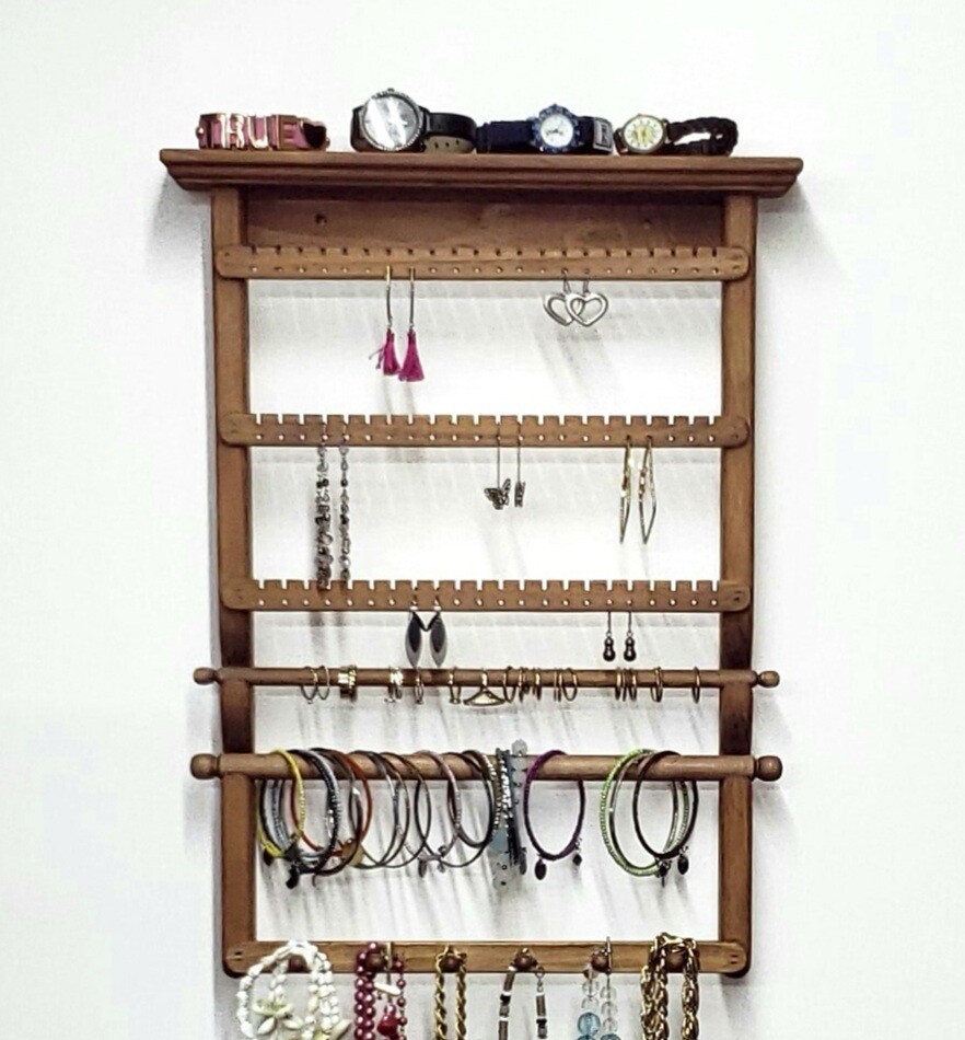Jewelry Display wall mount with 3 slats, 1 ring bar, 1 bracelet bar, 1 necklace bar - Cherry