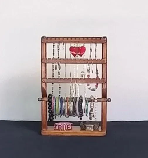 Medium standing  jewelry organizer 1 bar 3 slats 1 necklace holder combo  - Red Mahogany