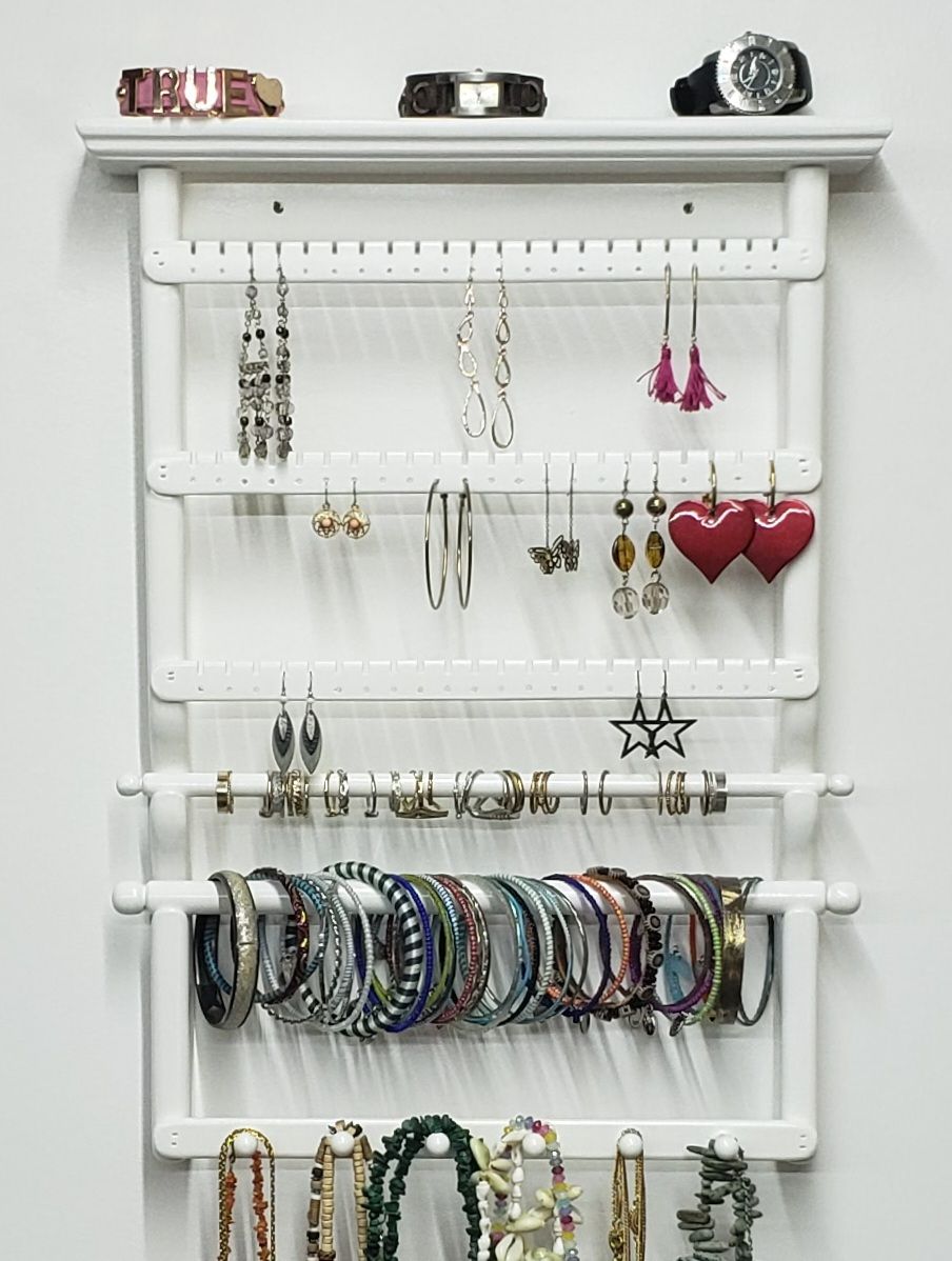 Jewelry Display wall mount with 3 slats, 1 ring bar, 1 bracelet bar, 1 necklace bar - White