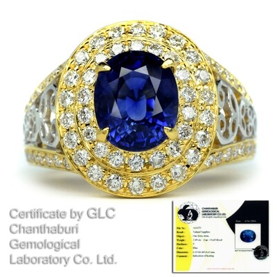 Certified 2.49ct Natural Sapphire Ring 84pcs 0.97ct VS/G DIAMOND 14K Yellow Gold