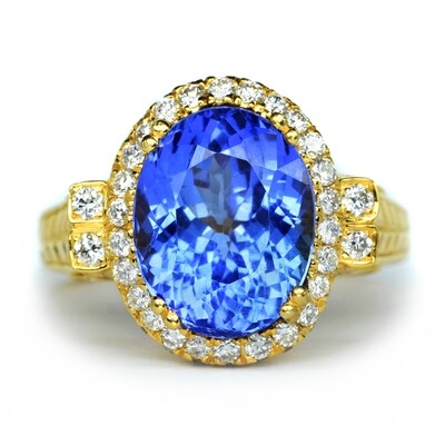 5.95 Carat Natural Blue Tanzanite Ring 70pcs 1.03ct VS/G DIAMOND 14K Yellow Gold
