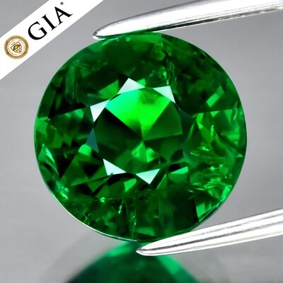 GIA CERTIFICATE Incl.* 4.10ct Round Natural Shocking Green Tsavorite Garnet