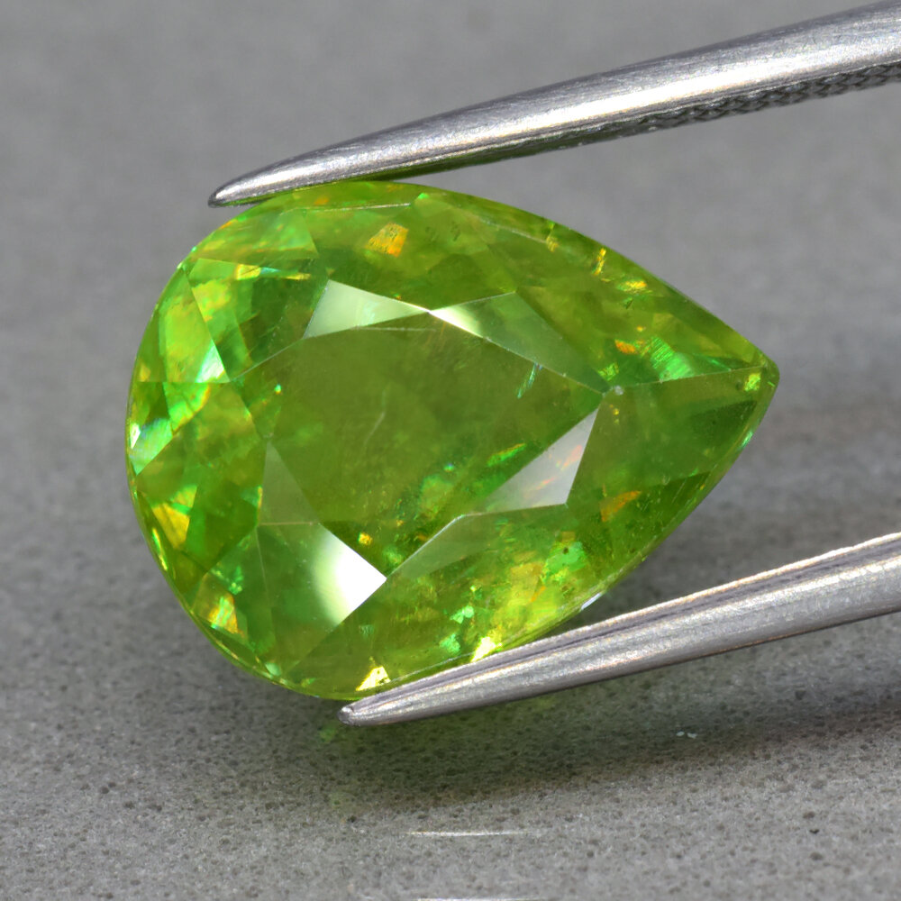 7.42ct 13.5x10.7mm Pear Natural Yellowish Green Sphene, High Luster