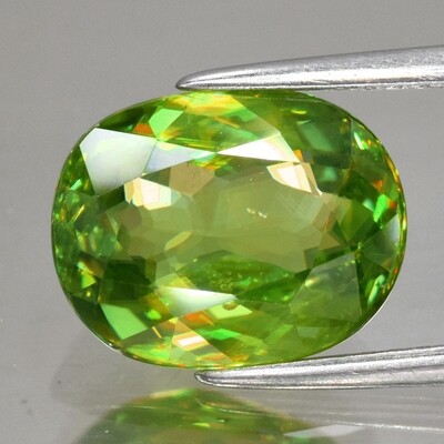 4.04ct 11x8.6mm Oval Natural Yellowish Green Sphene Madagascar, Diamond Luster