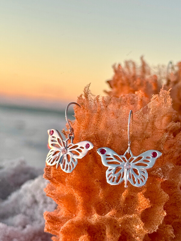 Sterling Silver Earrings: Lab Created Ruby Graceful Monarch Flight Earrings, Dangling Butterfly Ruby Earrings ~Kinetic ~Movement ~Delicate