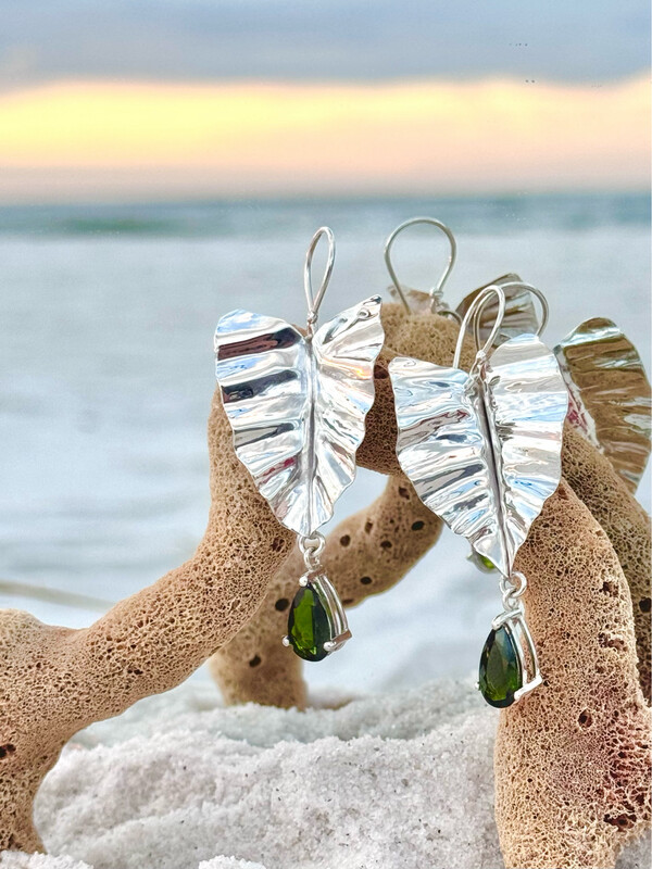 Sterling Silver Earrings: Handcrafted Elephant Ear Green Tourmaline Earrings ~ Nature Inspired ~ Foliage