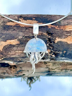 Moon Jelly Sterling Silver Pendant: Jellyfish Pendant with Rainbow Moonstone ~Sealife Pendant ~ Jellyfish Jewelry
