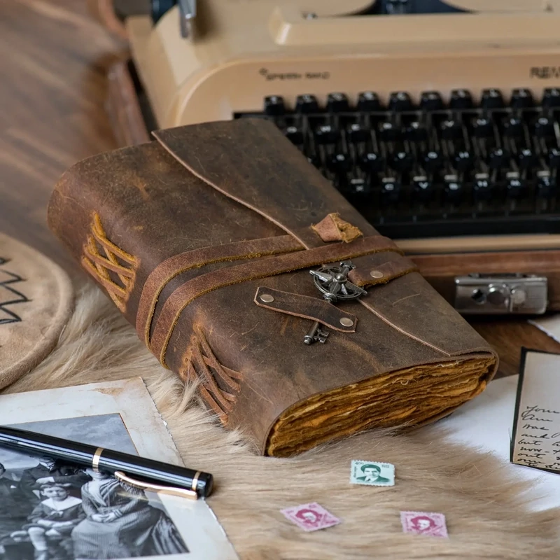 F RK Brown Vintage Leather Bound Journal With Key