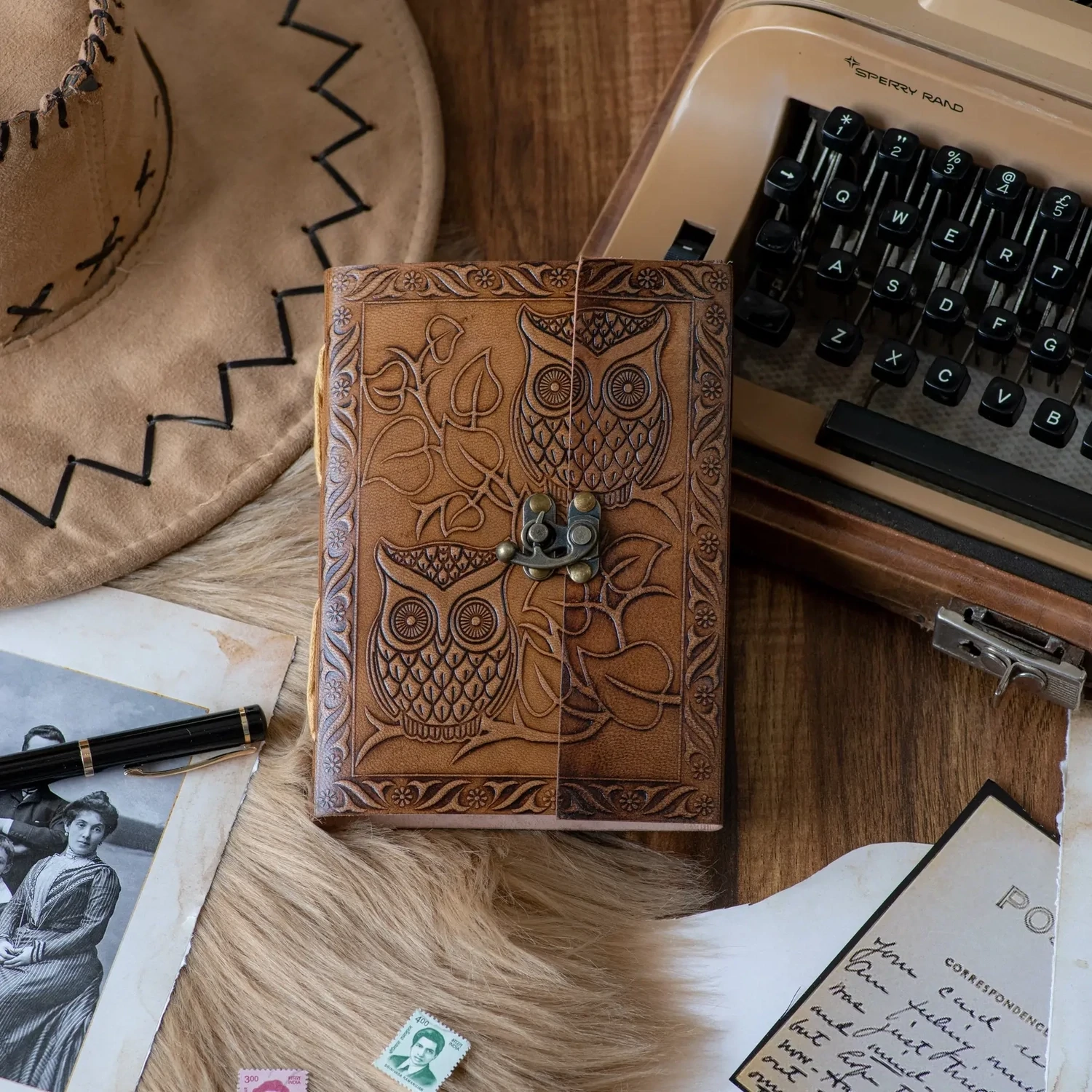 F RK Owl Embossed Leather Journal