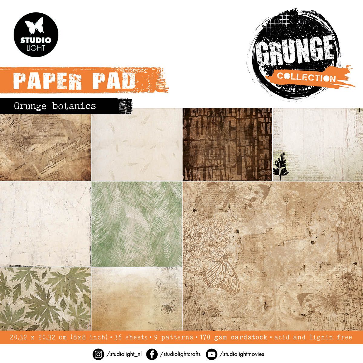 N Studio Light Grunge Paper Pad 8&quot; X8&quot; 36/Pkg Nr.37 Grunge Botanics