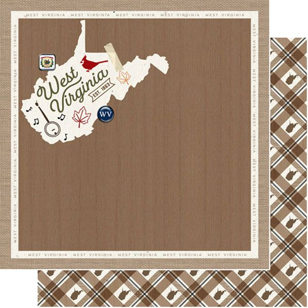SC West Virginia Natural Craft Map Double-Sided Paper 12&quot; X12&quot;