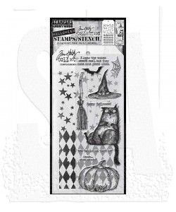 SA Tim Holtz Mixed-Media Stamps &amp; Stencil Set:  Snarky Cat Halloween