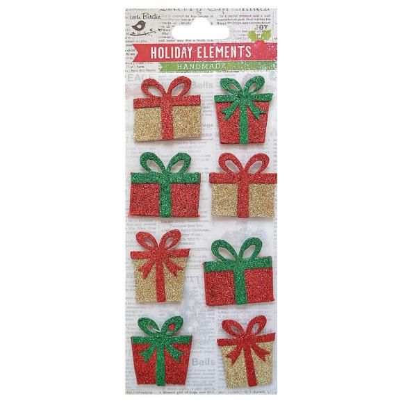 N Little Birdie Christmas 3D Embellishments 8/Pkg Mini Glitter Presents