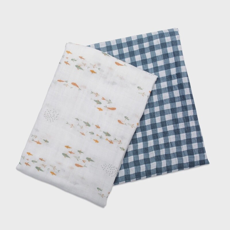 Muslin Blankets - Fish/Navy Gingham
