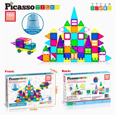 Picasso Tiles - 101pc Magnetic Tile Building Blocks with Car