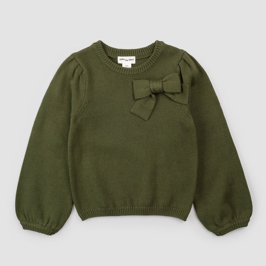 Miles the Label - Knit Winter Moss Bow Sweater, Size: 2/3 Years