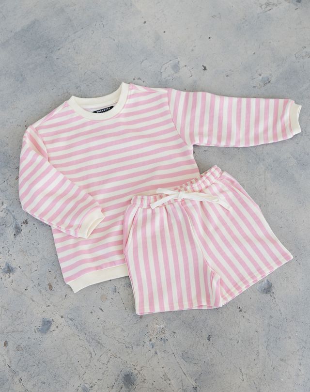 Brunette the Label - Kids Striped Crew &amp; Shorts Set, Colour: Pink &amp; Cream, Size: 6/12 Months