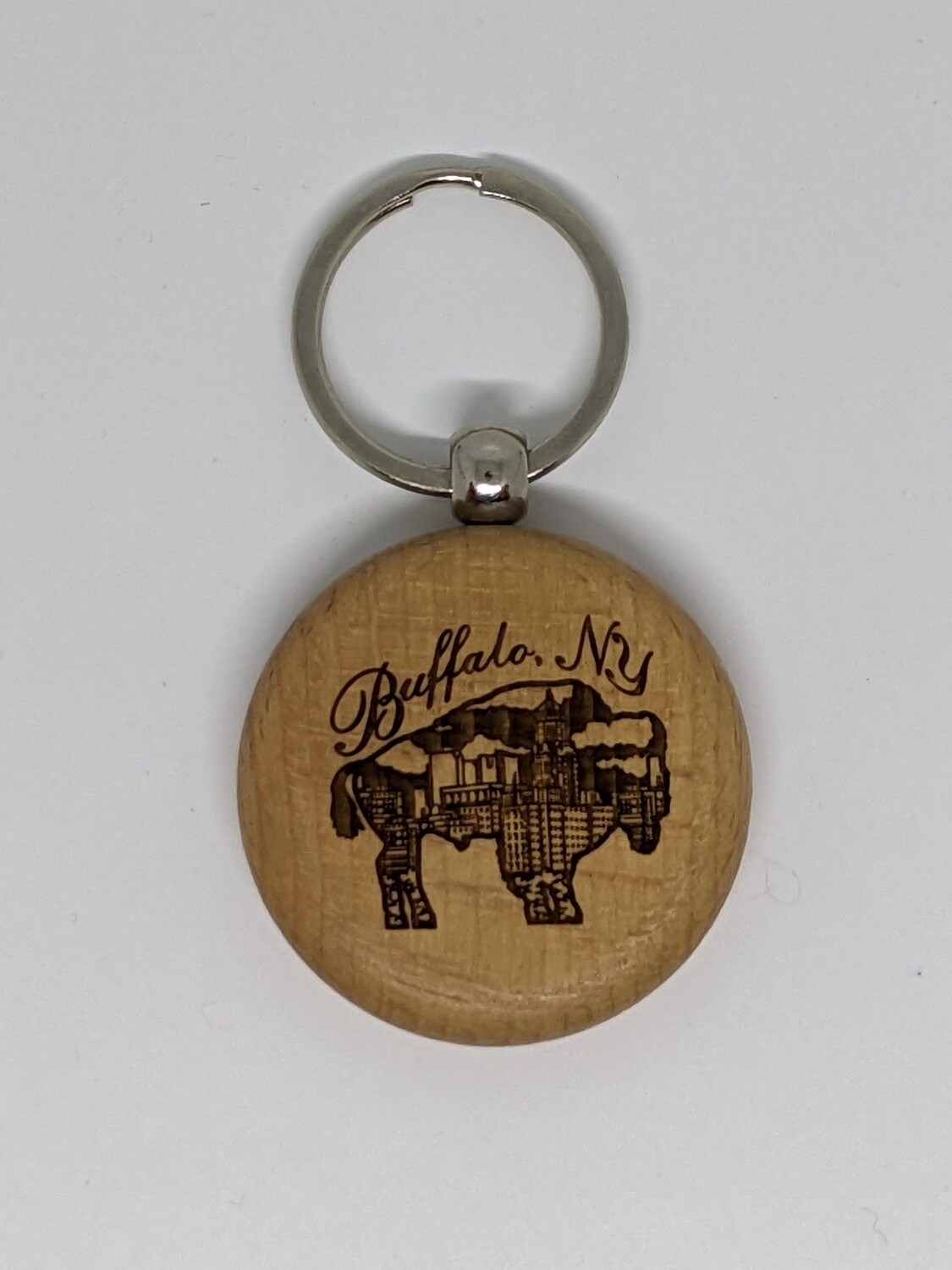 Round Wood Buffalo Keychain