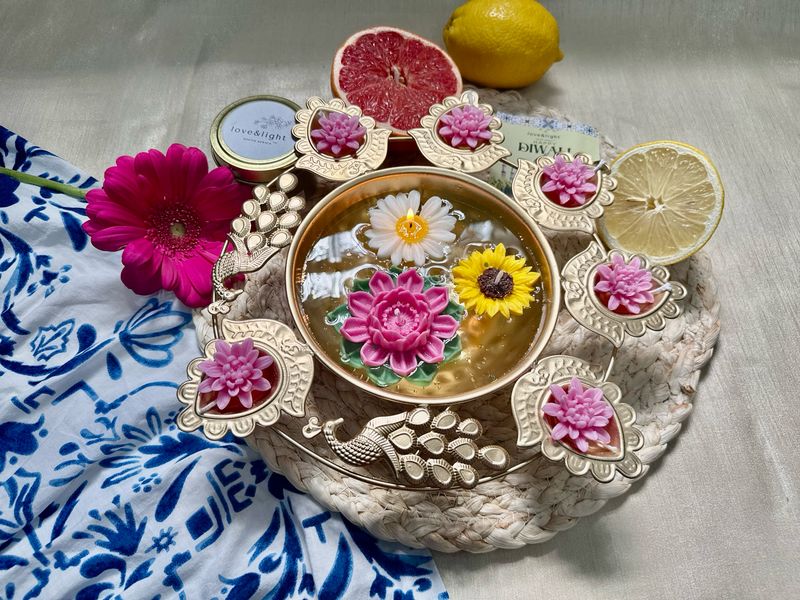 Gold Peacock Urli with floating Soy Candles