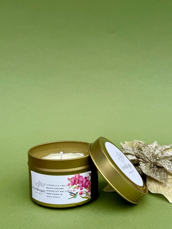 Christmas Gold Tin Soy Candle in Citronella &amp; Vanilla