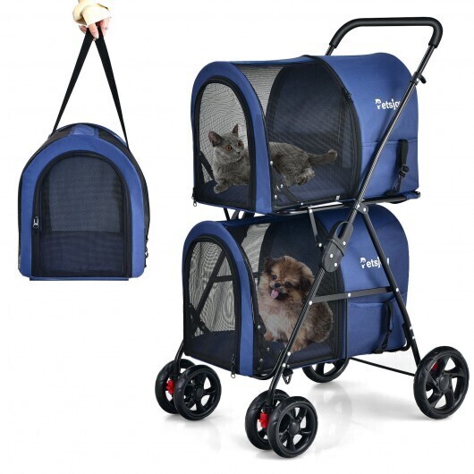4-in-1 Double Pet Stroller with Detachable Carrier and Travel Carriage-Blue - Color: Blue