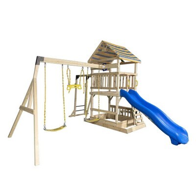 Wooden Swing Set with Large Upper Deck Slide and Steering Wheel
