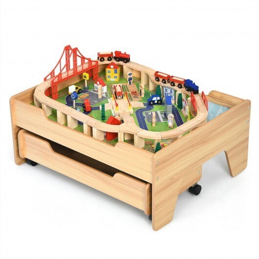 Children&#39;s Wooden Railway Set Table with 100 Pieces Storage Drawers