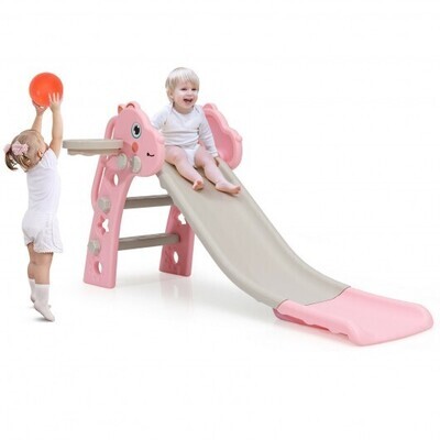 3-in-1 Kids Slide Baby Play Climber Slide Set with Basketball Hoop-Pink - Color: Pink