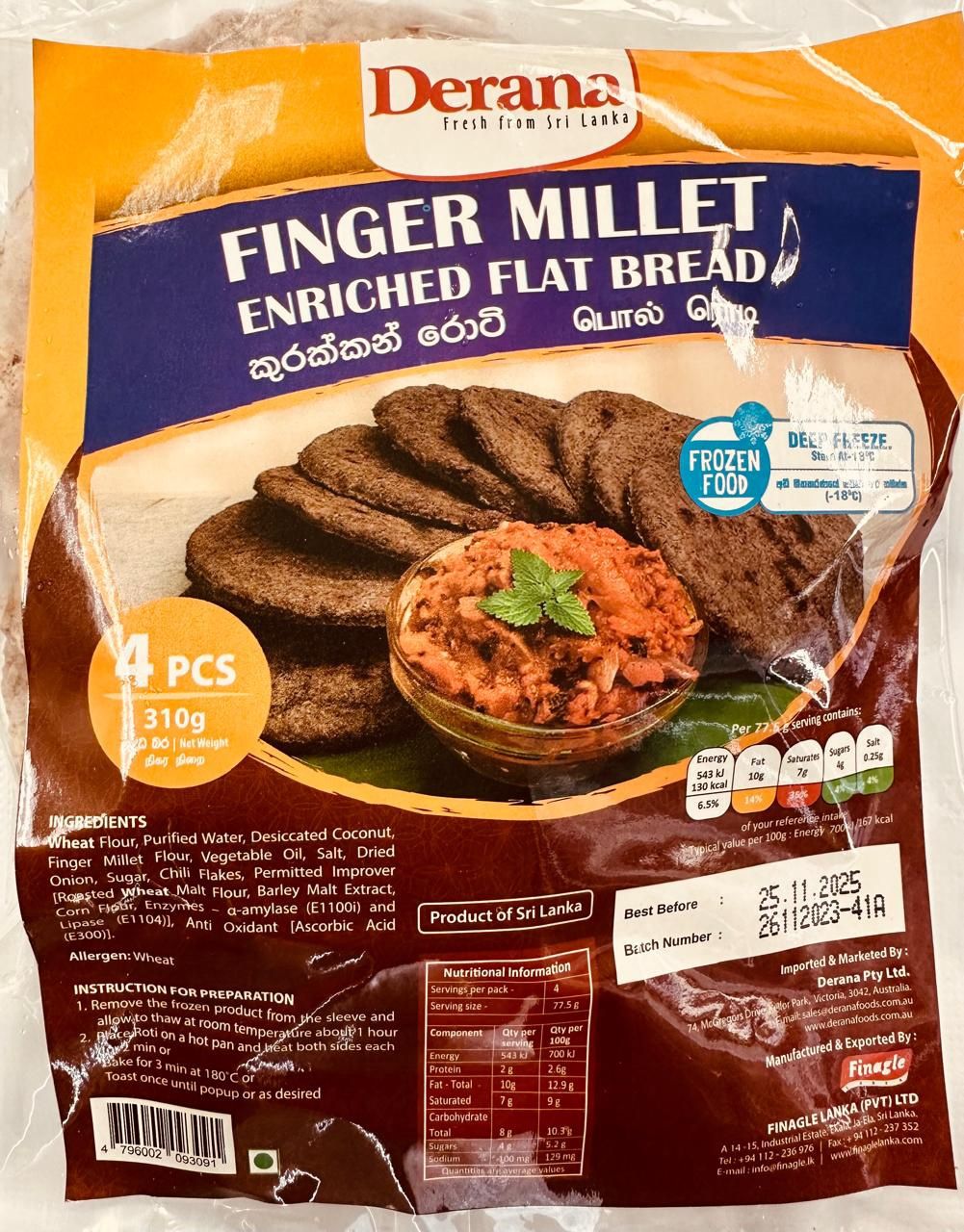 Derana Finger Millet Kurakkan Roti 4pc 310g