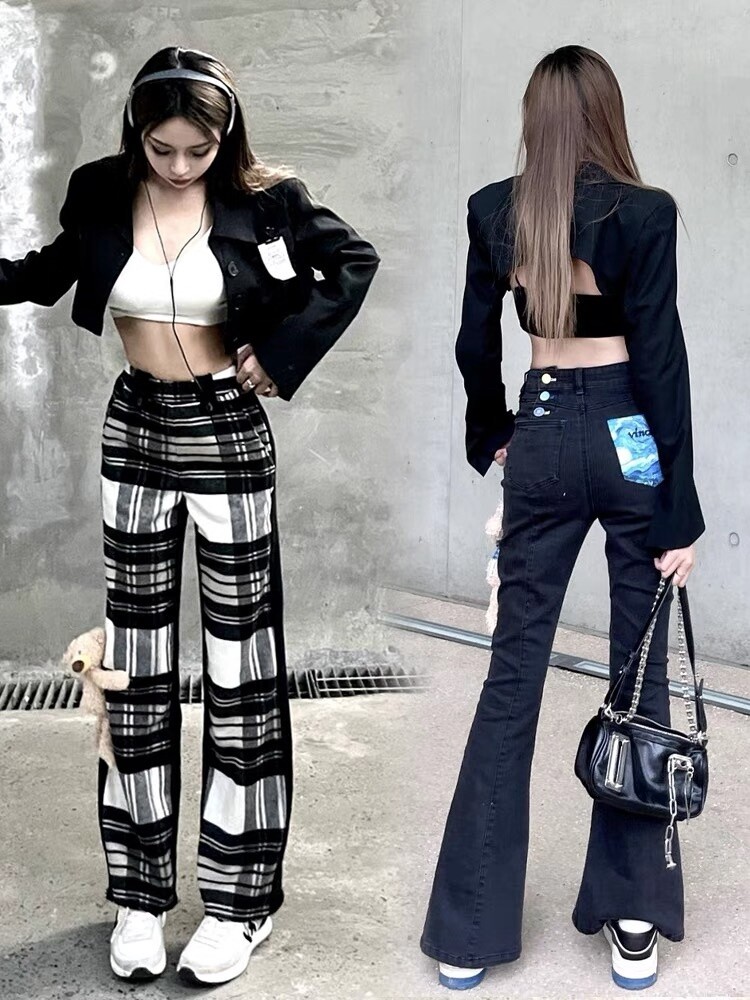 SALE/13DE MARZO PLAID PATCH BEAR TROUSERS/ BK