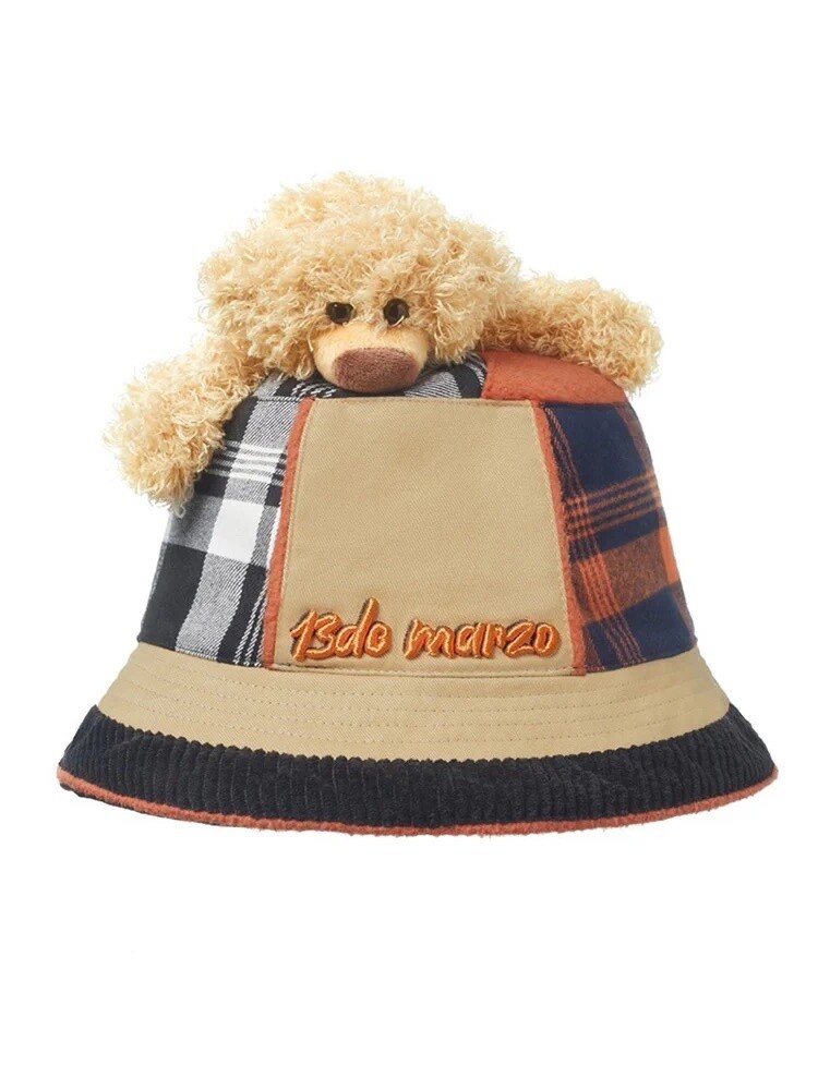 13DE MARZO BEAR INSIDE-OUT PLAID BUCKET HAT/BROWN