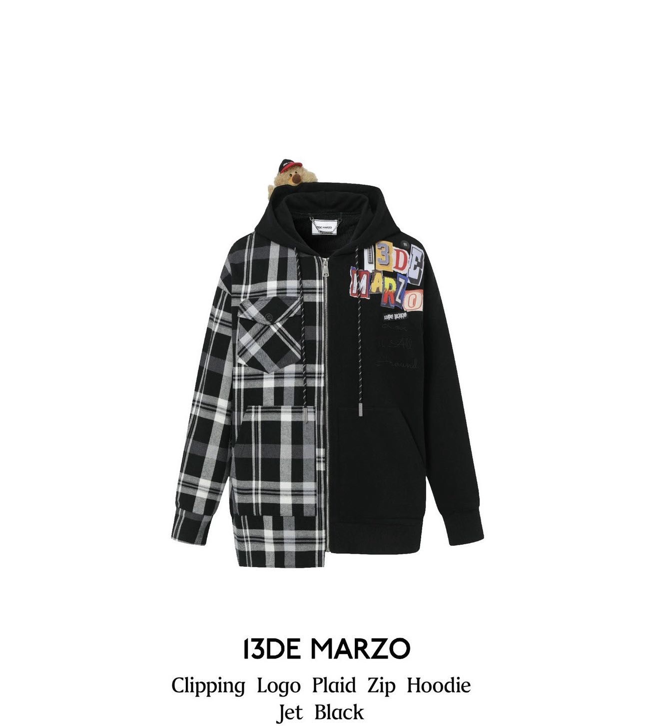 13DE MARZO CLIPPING LOGO PLAID ZIP HOODIE JET BLACK