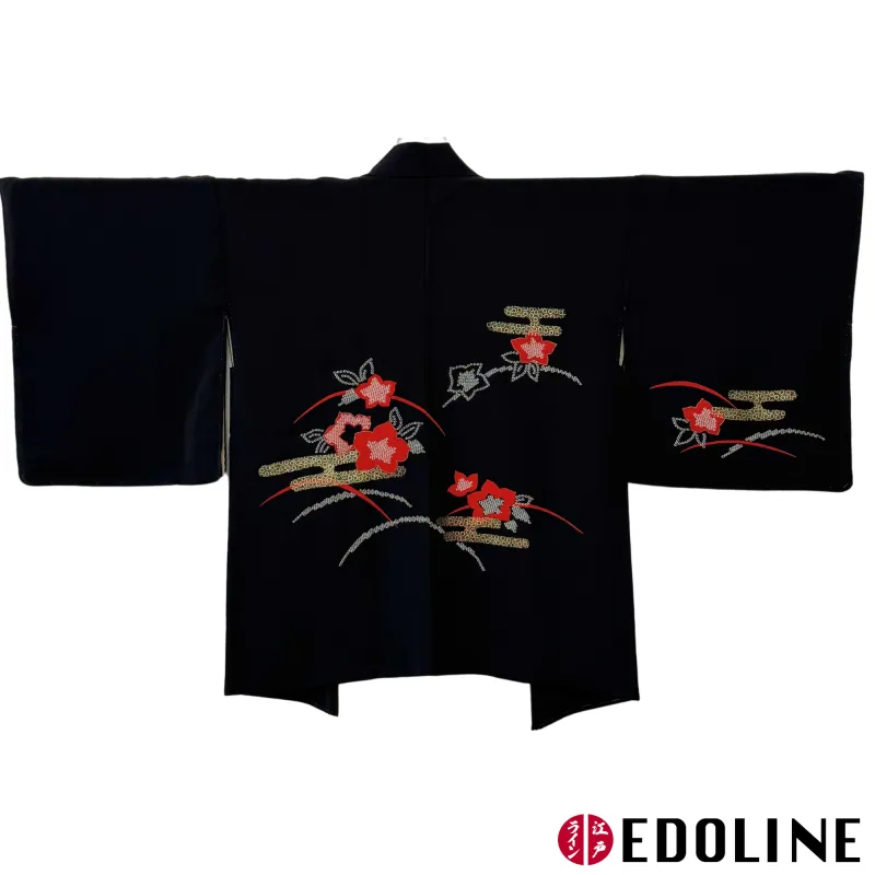Schwarzer Haori mit roten Kikyô-Blumen, Shibori und Goldakzenten