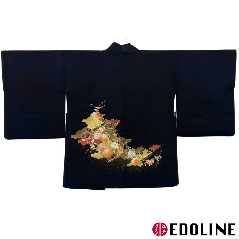 Schwarzer Haori, Kimono-Jacke mit Chrysanthemen und Gold
