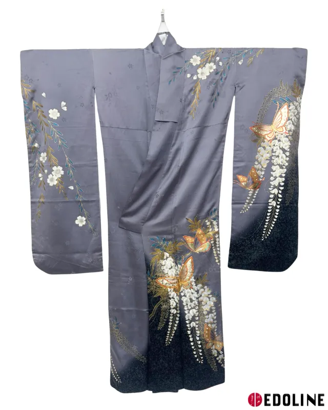 Silberner Furisode mit Schmetterlingen und Glyzinie