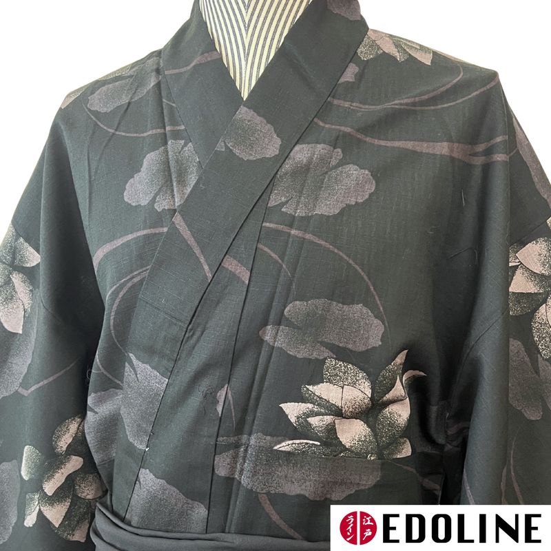 Schwarzer Herren Yukata mit Seerosen Gr. M