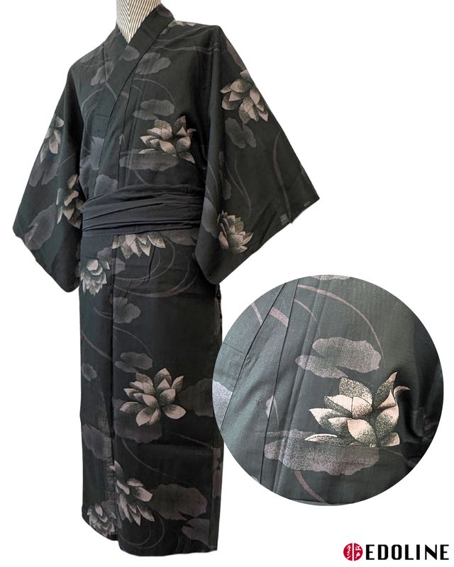 Schwarzer Herren Yukata mit Seerosen Gr. M